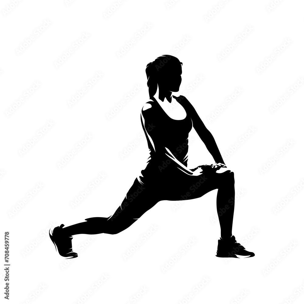Woman stretches before running, stretching. Isolated vector silhouette, side view