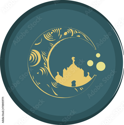 Illustration of ied alfitri A blue circle with a moon and a golden moon in the center photo