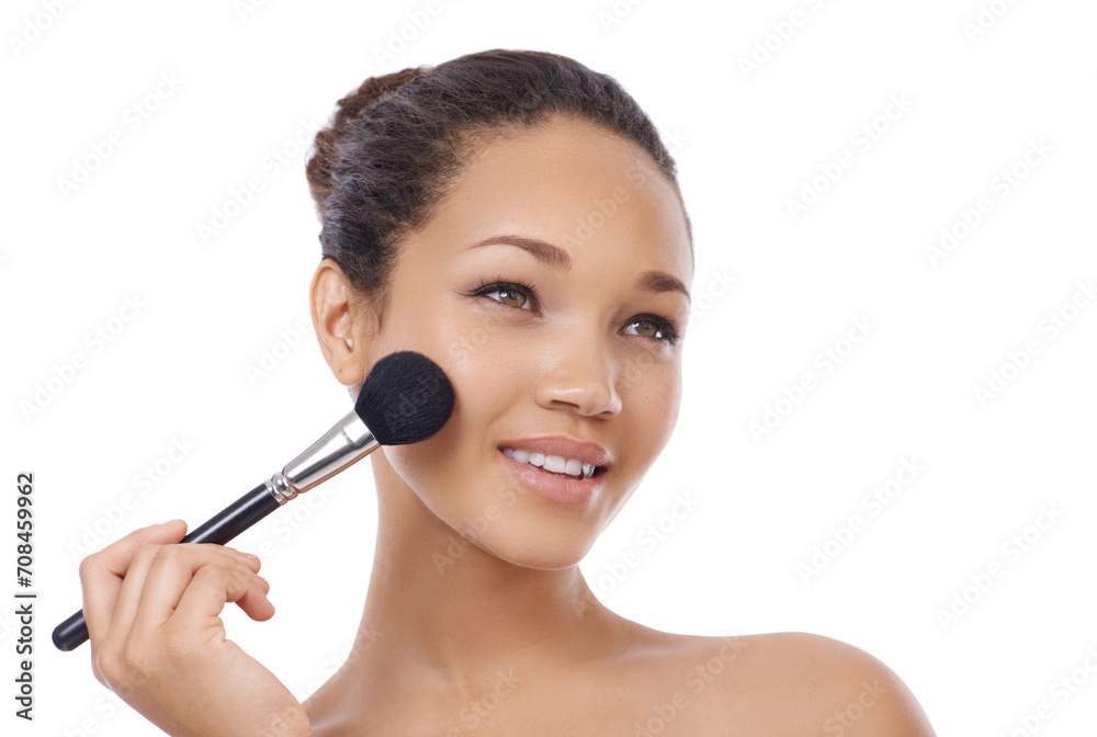 Woman, face and makeup brushes for beauty cosmetics, blush or skincare against a white studio background. Female person or model smile for facial treatment, foundation or soft texture on mockup space Woman, face and makeup brushes for beauty cosmetics, blush or skincare against a white studio background. Female person or model smile for facial treatment, foundation or soft texture on mockup space