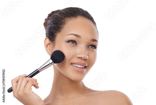 Woman, face and makeup brushes for beauty cosmetics, blush or skincare against a white studio background. Female person or model smile for facial treatment, foundation or soft texture on mockup space