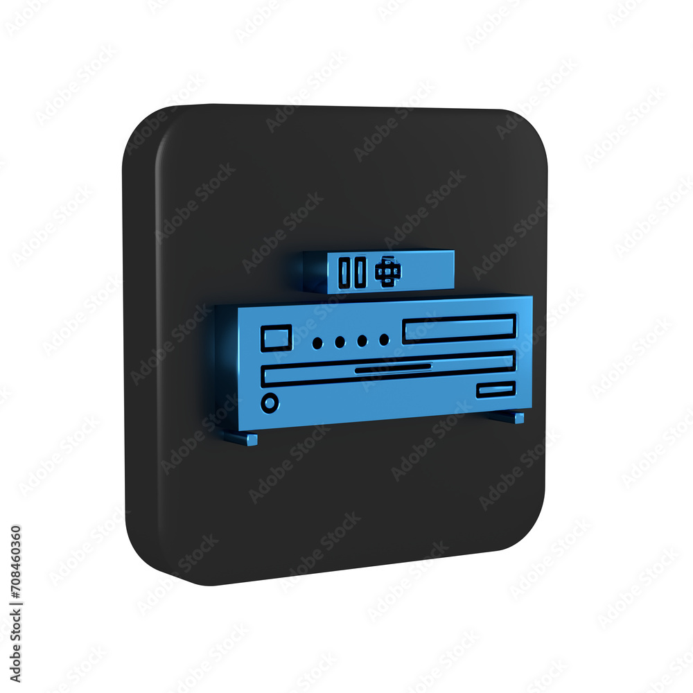 Blue Music CD player icon isolated on transparent background. Portable music device. Black square button. Blue Music CD player icon isolated on transparent background. Portable music device. Black square button.