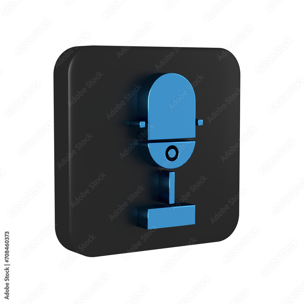Blue Microphone icon isolated on transparent background. On air radio mic microphone. Speaker sign. Black square button. Blue Microphone icon isolated on transparent background. On air radio mic microphone. Speaker sign. Black square button.
