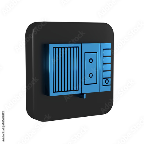 Blue Music tape player icon isolated on transparent background. Portable music device. Black square button.