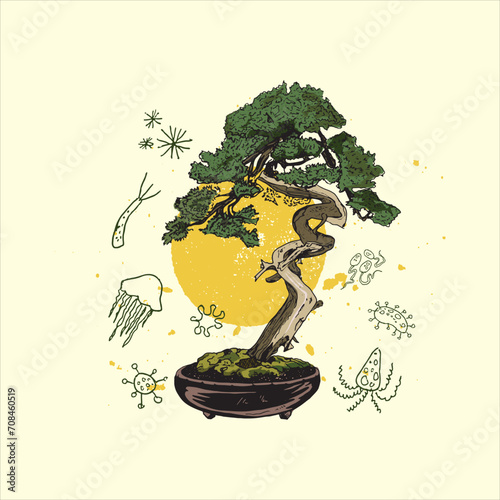 Illustration of a bonsai tree with a picture of biotic living things environment day