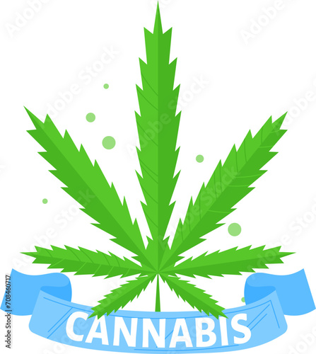 Green cannabis leaf with blue ribbon banner. Marijuana icon for legalization campaign. Herbal medicine graphic emblem vector illustration.