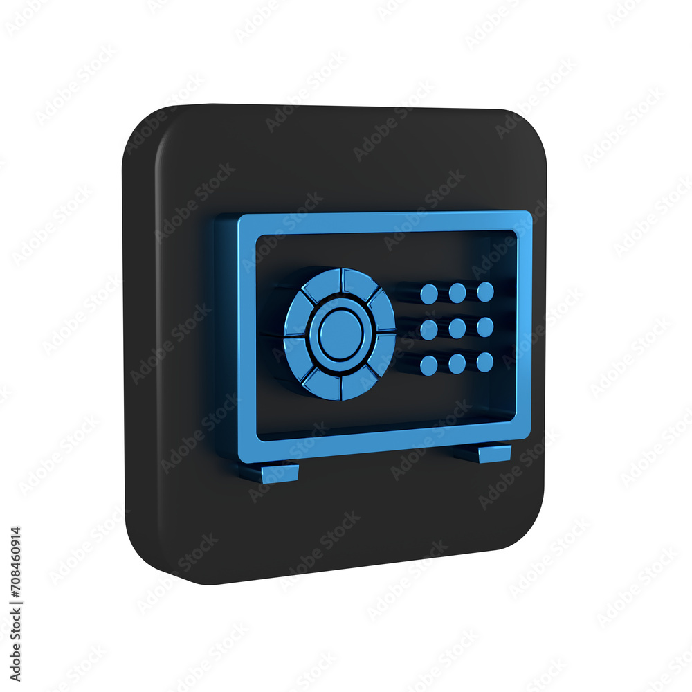 Blue Safe icon isolated on transparent background. The door safe a bank vault with a combination lock. Reliable Data Protection. Black square button. Blue Safe icon isolated on transparent background. The door safe a bank vault with a combination lock. Reliable Data Protection. Black square button.