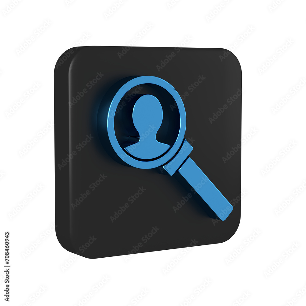 Blue Magnifying glass for search icon isolated on transparent background. Recruitment or selection concept. Search for employees and job. Black square button. Blue Magnifying glass for search icon isolated on transparent background. Recruitment or selection concept. Search for employees and job. Black square button.