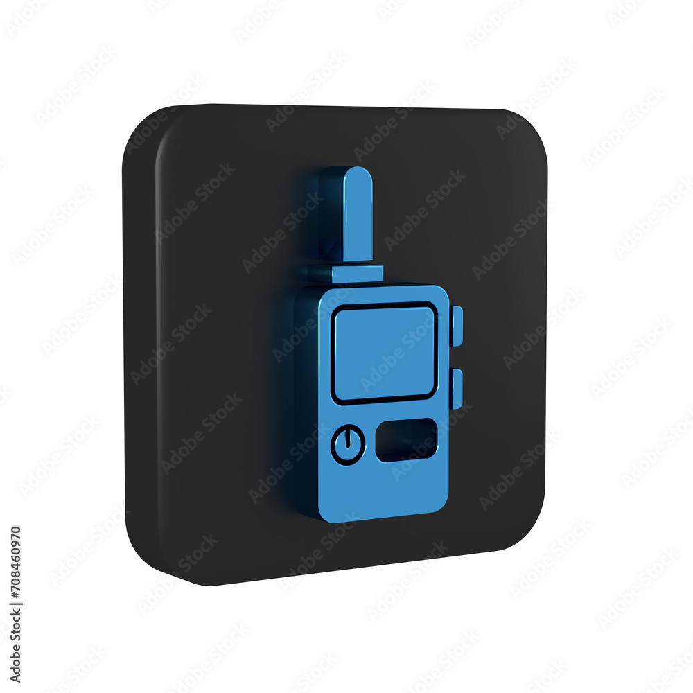 Blue Walkie talkie icon isolated on transparent background. Portable radio transmitter icon. Radio transceiver sign. Black square button. Blue Walkie talkie icon isolated on transparent background. Portable radio transmitter icon. Radio transceiver sign. Black square button.