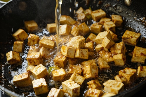 A pan filled with cubed fried tofu, being rinsed with water.