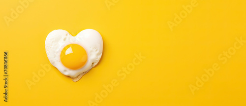 heart shaped fried egg with toast as breakfast for valentine's day. top view. isolated on yellow background. banner photo