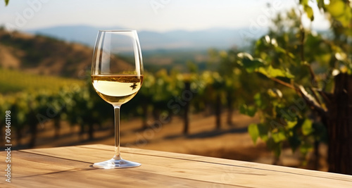 Elegant glass of white wine on blurres background with wine grapes in winery. Young wine. Generative AI