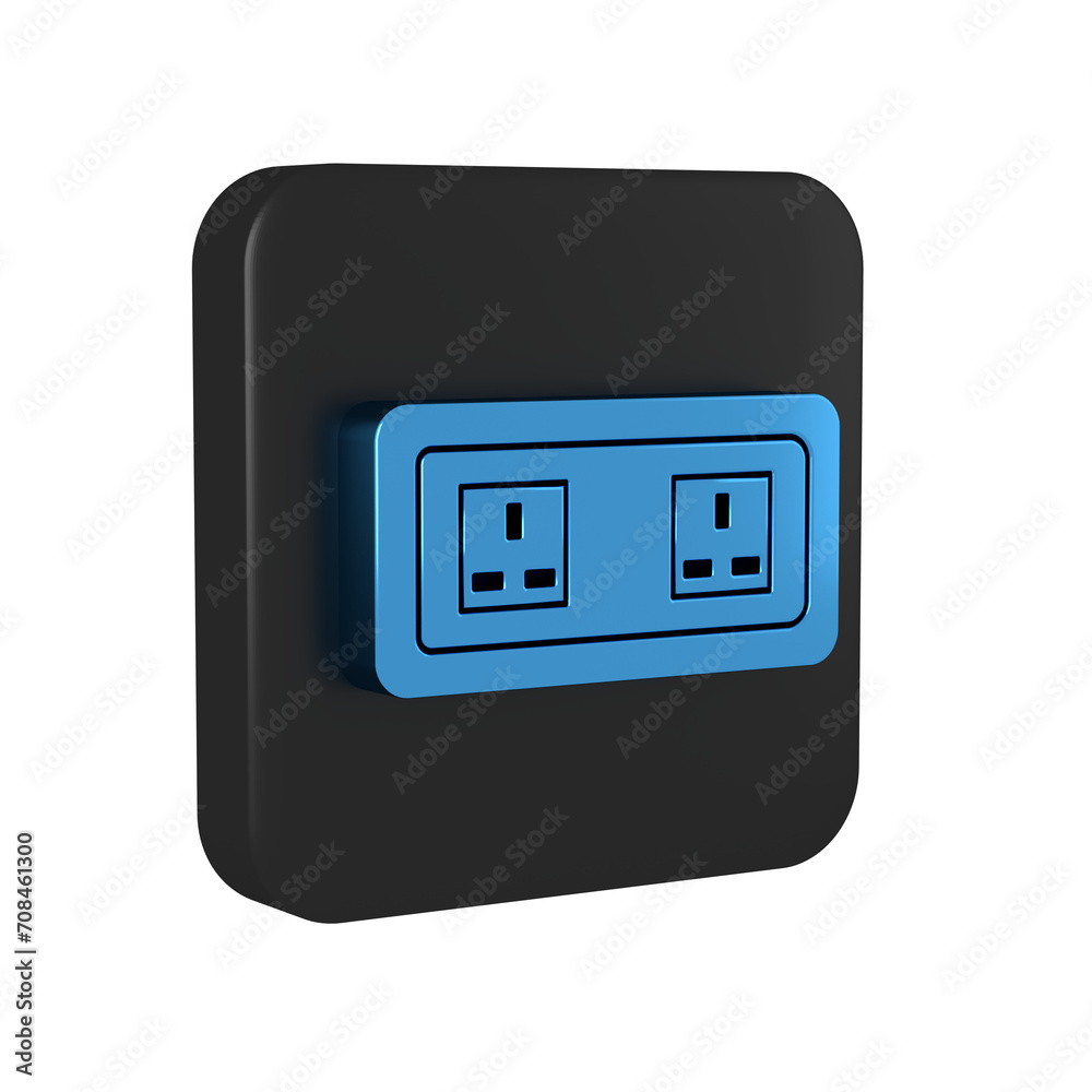 Blue Electrical outlet icon isolated on transparent background. Power socket. Rosette symbol. Black square button. Blue Electrical outlet icon isolated on transparent background. Power socket. Rosette symbol. Black square button.