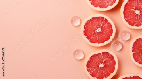 Refreshing Grapefruit Bliss: Top View Photo of Juicy Citrus Slices, Ice Cubes, and Water Drops on Pastel Pink Background with Copy-Space for Summer Promotions photo
