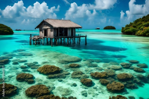 A stilt house on stilts above a turquoise lagoon, with coral reefs visible beneath the clear water. photo