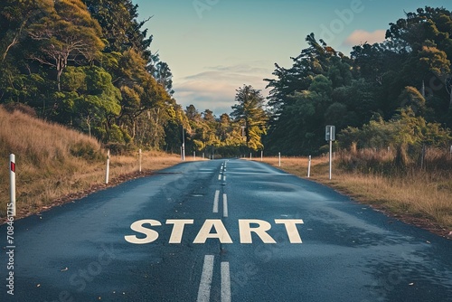 Start text on road to success. Symbolic journey concept with empty asphalt highway leading towards bright horizon perfect for business and motivational themes