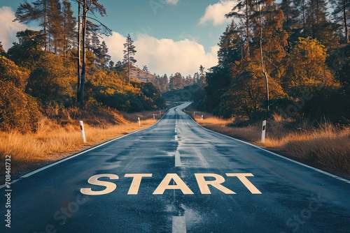 Start text on road to success. Symbolic journey concept with empty asphalt highway leading towards bright horizon perfect for business and motivational themes