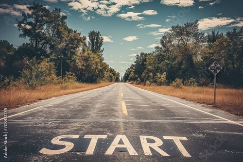 Start text on road to success. Symbolic journey concept with empty asphalt highway leading towards bright horizon perfect for business and motivational themes
