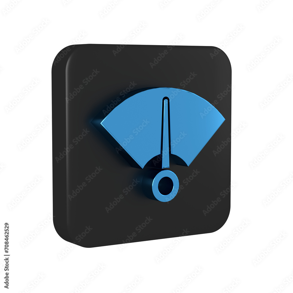 Blue Speedometer icon isolated on transparent background. Black square button. Blue Speedometer icon isolated on transparent background. Black square button.