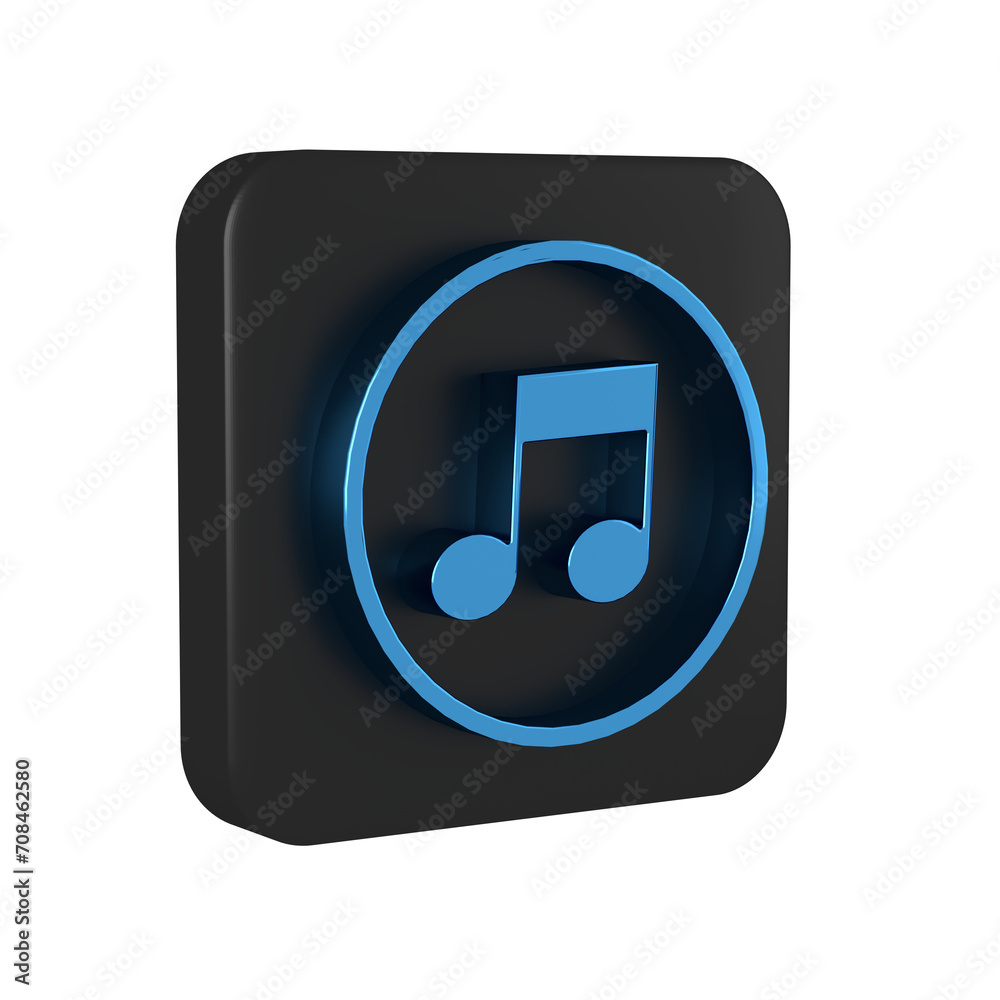 Blue Music note, tone icon isolated on transparent background. Black square button. Blue Music note, tone icon isolated on transparent background. Black square button.
