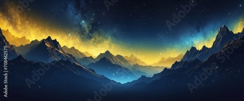 Mystical space and stars background wallpaper in yellow and navy blue gradient colors