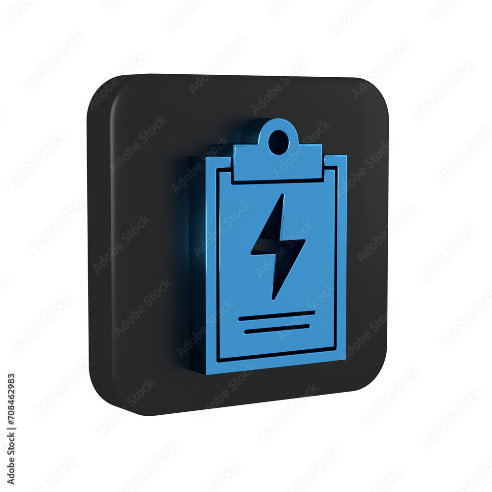 Blue Laboratory clipboard with checklist icon isolated on transparent background. Control list symbol. Black square button.