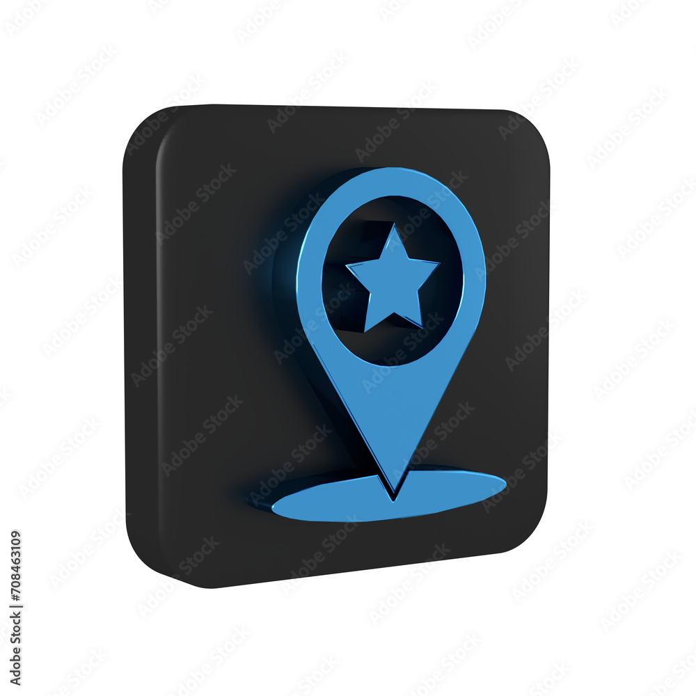Blue Map pointer with star icon isolated on transparent background. Star favorite pin map icon. Map markers. Black square button. Blue Map pointer with star icon isolated on transparent background. Star favorite pin map icon. Map markers. Black square button.