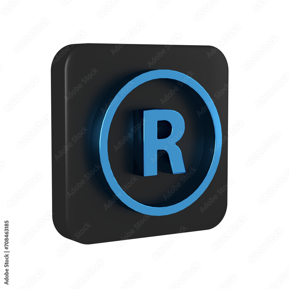 Blue Registered Trademark icon isolated on transparent background. Black square button. Blue Registered Trademark icon isolated on transparent background. Black square button.