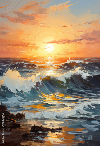 Colorful sunset over the sea with sea wave. Seascape. Digital watercolor painting. Painting