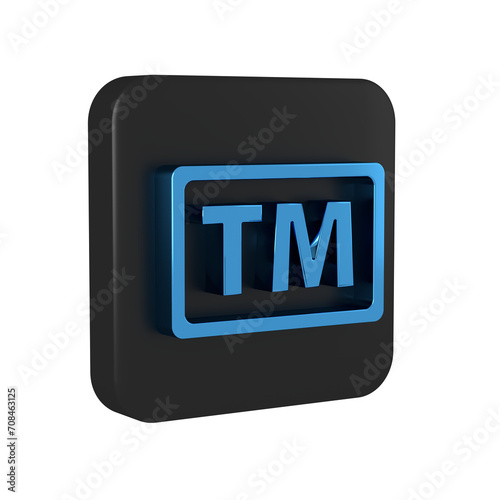 Blue Trademark icon isolated on transparent background. Abbreviation of TM. Black square button.