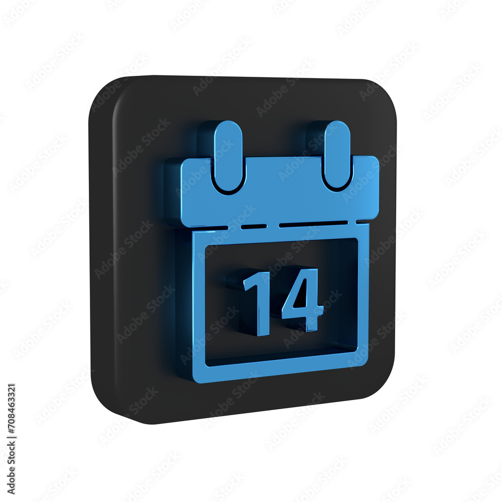 Blue Calendar with February 14 icon isolated on transparent background. Valentines day. Love symbol. Black square button. Blue Calendar with February 14 icon isolated on transparent background. Valentines day. Love symbol. Black square button.