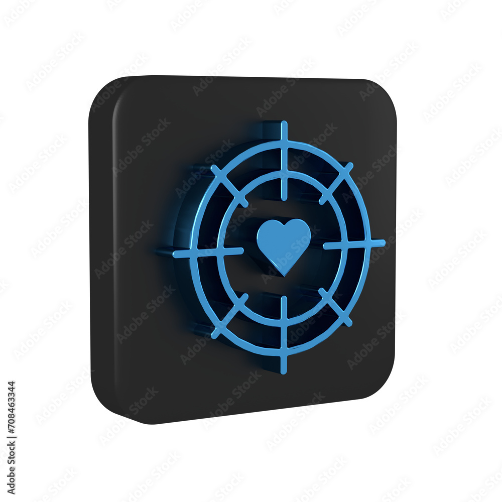 Blue Heart in the center of darts target aim icon isolated on transparent background. Valentines day. Black square button.