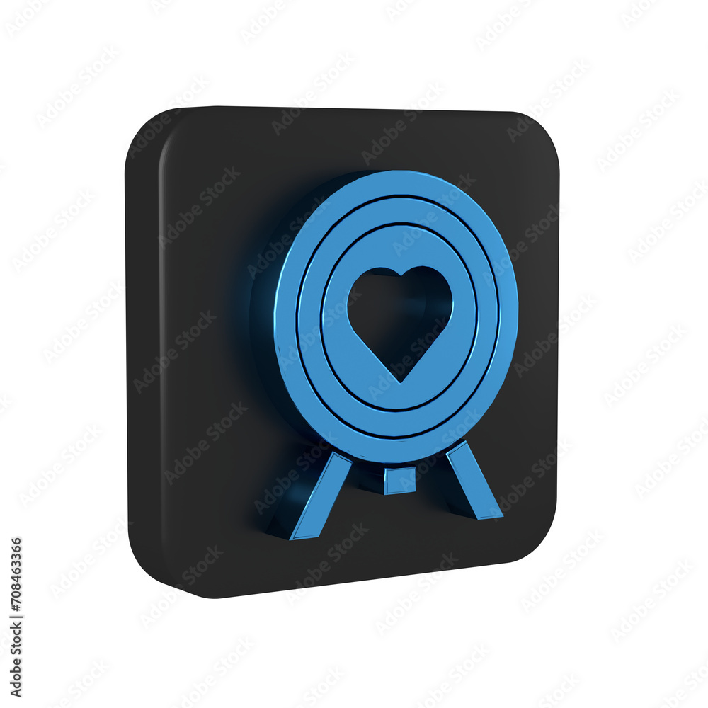 Blue Heart in the center of darts target aim icon isolated on transparent background. Valentines day. Black square button. Blue Heart in the center of darts target aim icon isolated on transparent background. Valentines day. Black square button.