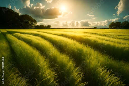 A breathtaking scene of a sun-drenched field of grass, where the landscape meets the sky in a seamless transition of vibrant colors.