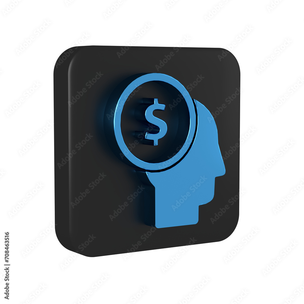 Blue Business man planning mind icon isolated on transparent background. Human head with dollar. Idea to earn money. Business investment growth. Black square button. Blue Business man planning mind icon isolated on transparent background. Human head with dollar. Idea to earn money. Business investment growth. Black square button.