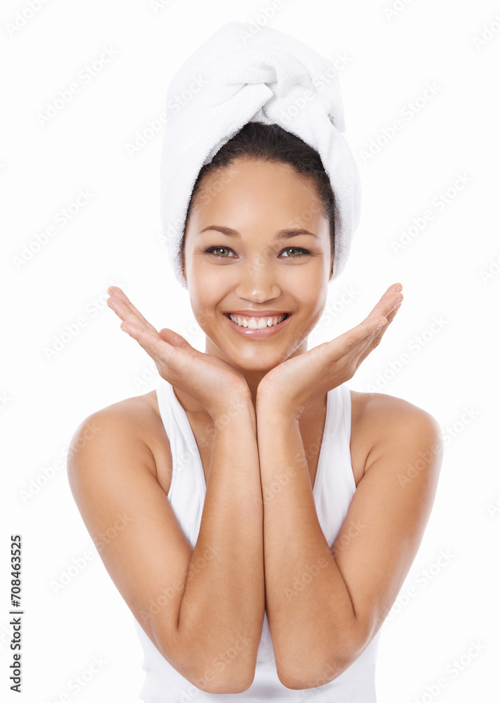 Happy woman, portrait and beauty in spa, skincare or facial treatment against a white studio background. Face of female person or model smile in relax for hygiene, cosmetology or dermatology in salon Happy woman, portrait and beauty in spa, skincare or facial treatment against a white studio background. Face of female person or model smile in relax for hygiene, cosmetology or dermatology in salon