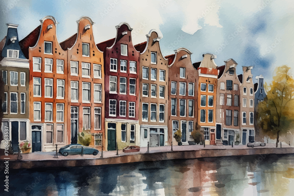 Cityscape of old waterfront houses painted in watercolor on textured taupe paper. Digital watercolor painting