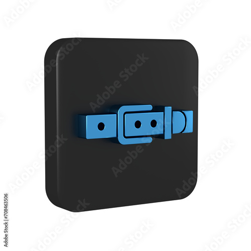 Blue Leather belt with buttoned steel buckle icon isolated on transparent background. Black square button.