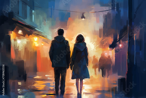 Couple in the night, man, woman walking through a city at night, painted in watercolor on textured paper. Digital watercolor painting