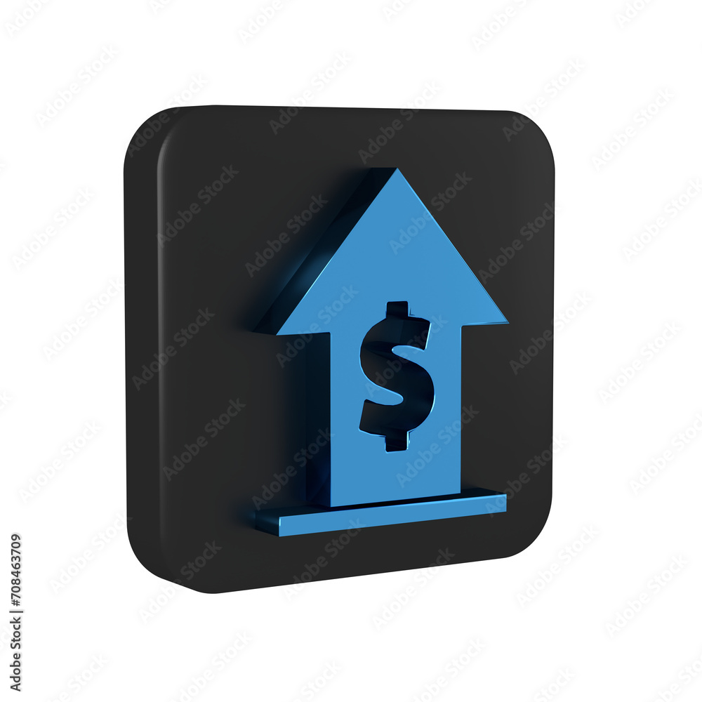 Blue Financial growth and coin icon isolated on transparent background. Increasing revenue. Black square button. Blue Financial growth and coin icon isolated on transparent background. Increasing revenue. Black square button.