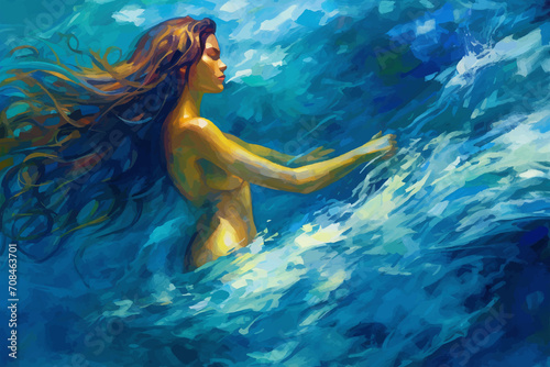 Beautiful mermaid with really long hair in the ocean, painted in watercolor on textured paper. Digital watercolor painting