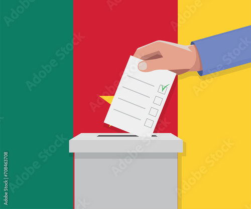 Cameroon election concept. Hand puts vote bulletin