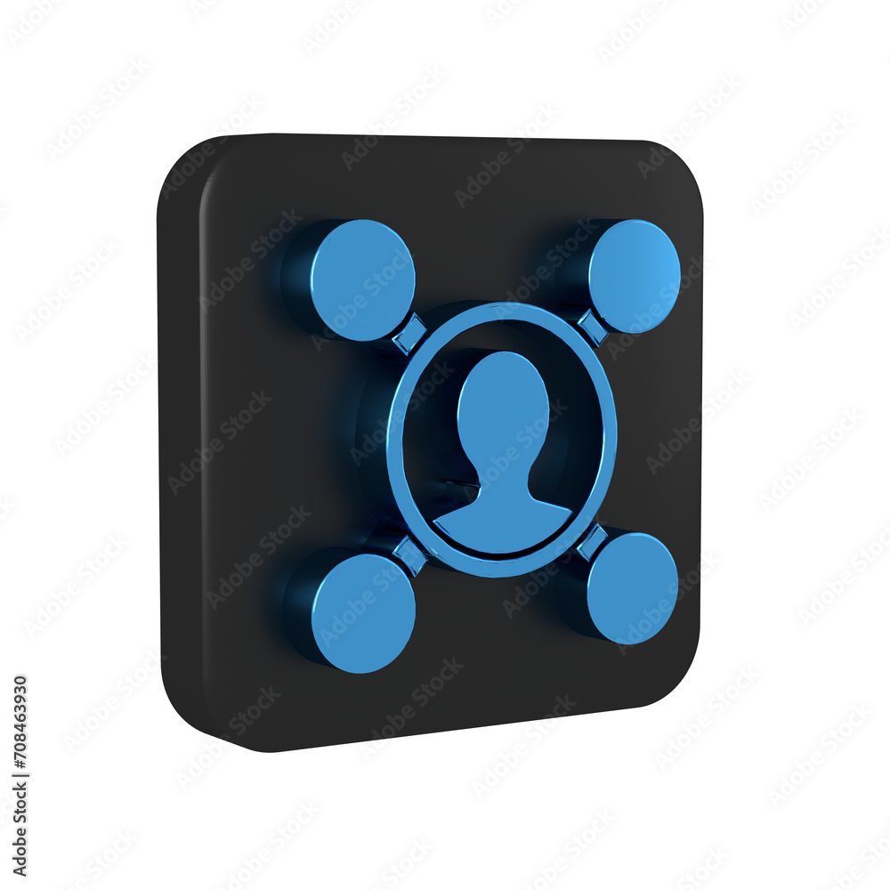 Blue Share icon isolated on transparent background. Sharing, communication pictogram, social media, connection, network, distribute. Black square button. Blue Share icon isolated on transparent background. Sharing, communication pictogram, social media, connection, network, distribute. Black square button.