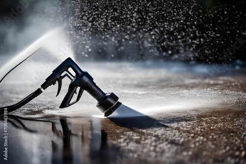 A detailed image of a high-pressure washer in action, cleaning a grimy surface with a powerful jet of water.