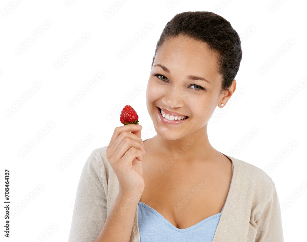 Portrait, woman and strawberry fruits in studio for healthy detox, vegan diet and eco nutrition on white background. Happy model eating red berries for sustainable benefits, vitamin c and sweet food Portrait, woman and strawberry fruits in studio for healthy detox, vegan diet and eco nutrition on white background. Happy model eating red berries for sustainable benefits, vitamin c and sweet food