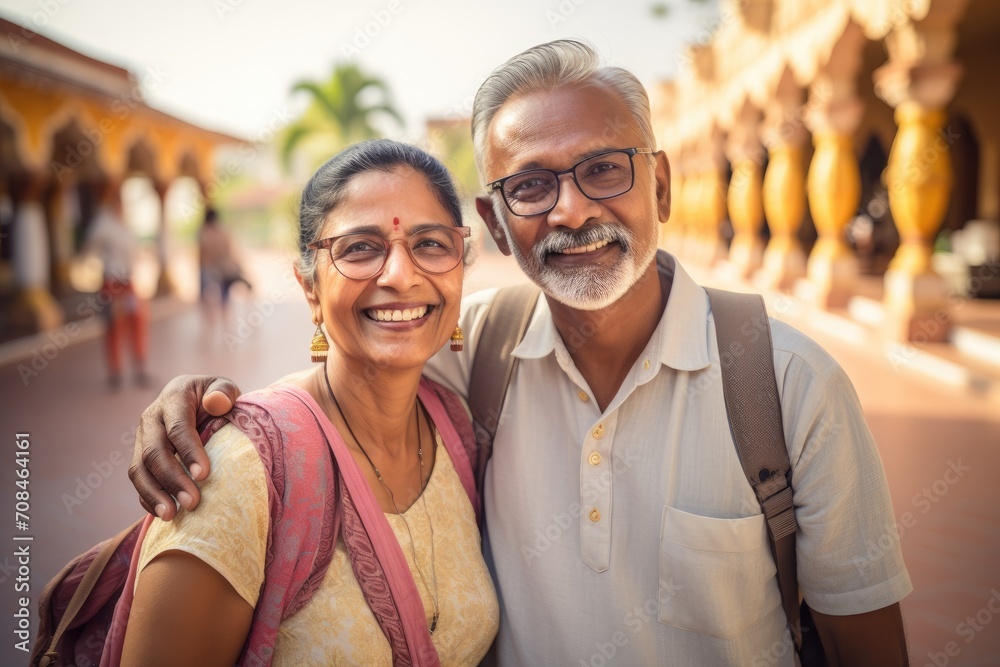 Happy Middle-Aged Indian Couple Backpacking Together Happy Middle-Aged Indian Couple Backpacking Together
