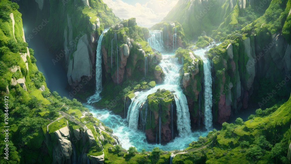 Illustration artwork of a beautiful green waterfall landscape shining by the light of sun. Artwork, Nature, Mountains and Nature