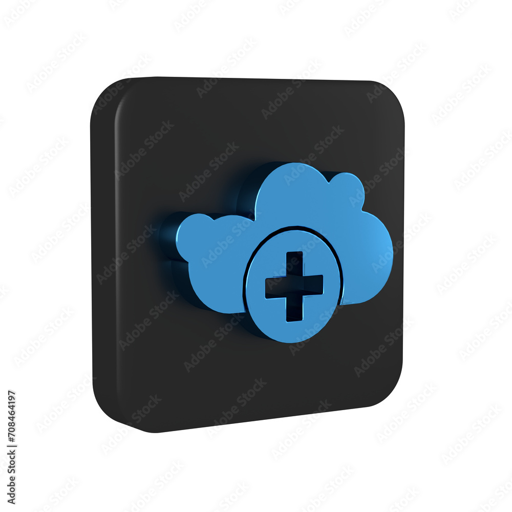 Blue Add cloud icon isolated on transparent background. Data storage on the cloud. Black square button. Blue Add cloud icon isolated on transparent background. Data storage on the cloud. Black square button.