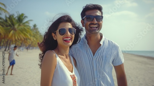 Joyful Indian Couple on Beach with sunglasses Generative Ai