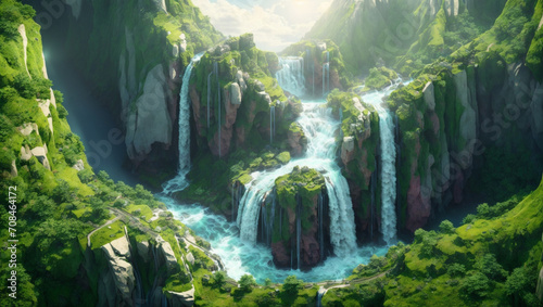 Illustration artwork of a beautiful green waterfall landscape shining by the light of sun. Artwork  Nature  Mountains and Nature