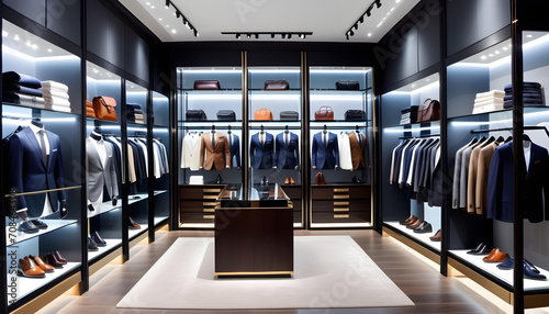 Modern open glass interior of boutique shop with luxury men's wardrobe filled with expensive suits, shoes and other clothing